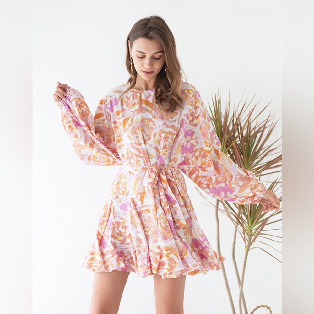 ROSE PAINTING BUBBLE SLEEVES FRILLING DRESS